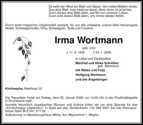 Traueranzeigen Von Irma Wortmann Trauer Kreiszeitung De