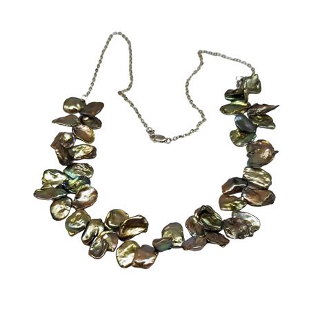 Golden Brown Keshi Pearl Necklace With Green And Bronze Overtones