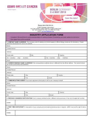 Fillable Online ESMO Breast Cancer 2019 Industry Application Form ESMO