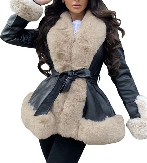 Barbotimer Women Belted Faux Leather Jacket Coat With Faux Fur Collar