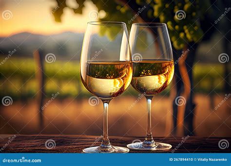 Two Glasses Of White Wine In The Background Of A Vineyard Ai Generated