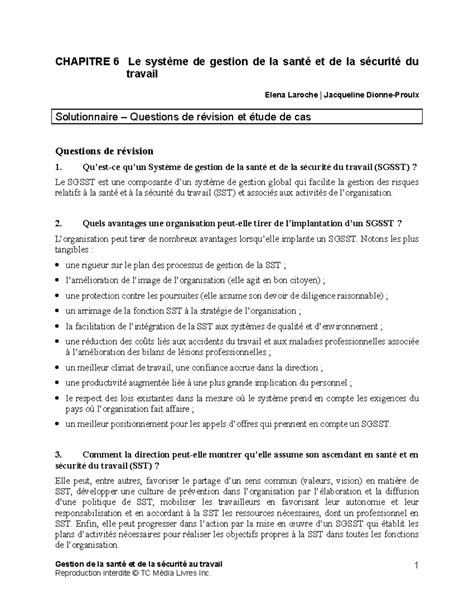 Solutionnaire chapitre 6 du livre gestion de la santé et de la sécurité