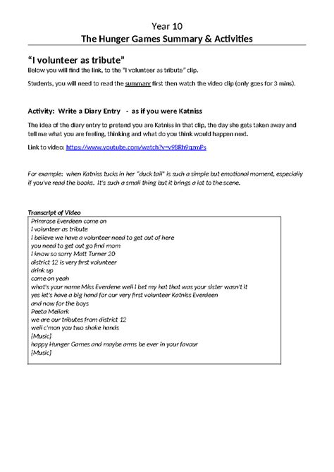 Yr10 (Term 3) The Hunger Games - Summary, Activities & Diary Entry