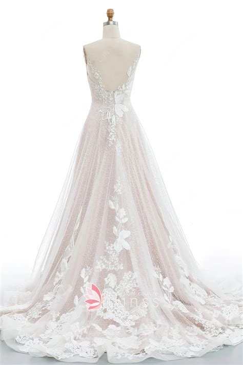 Nude Pink Floral Lace Glitter Sequin Fancy Wedding Dress Lunss