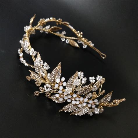 Vintage Bridal Headband Rhinestone Beaded Wedding Tiara Antique Gold Hair Accessories For Brides