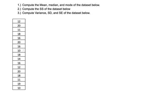 Solved 1.) Compute the Mean, median, and mode of the dataset | Chegg.com