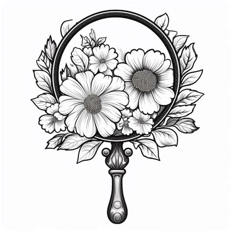 Premium Photo A Black And White Drawing Of A Hand Mirror With Flowers