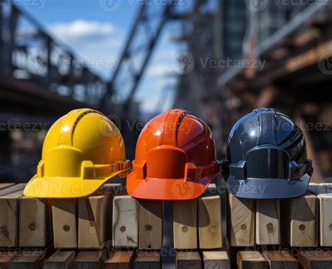 AI generated Trio of hard hats on a step each adorned with a design