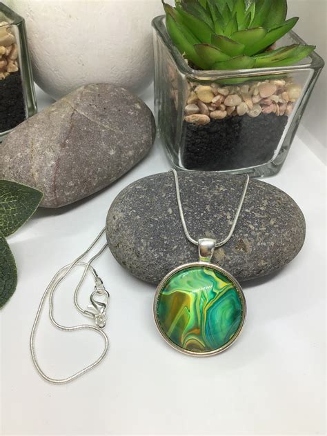 Acrylic Pour Jewellery Green Necklace Silver Chain Etsy