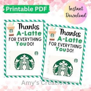 Printable Thank You Starbucks Gift Tag Card Holder Teacher Etsy