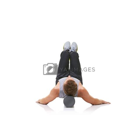 Balance exercise, foam roller and person in pilates workout, floor