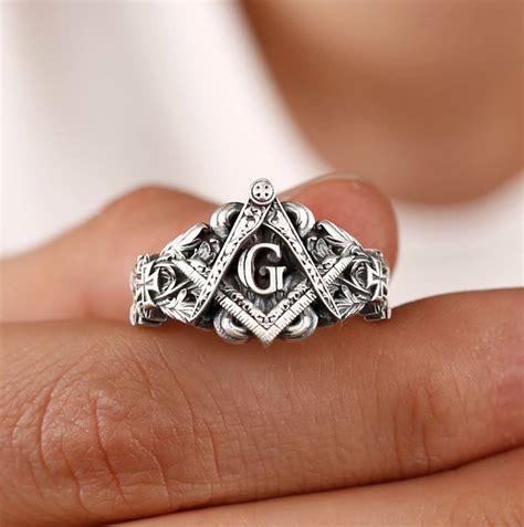 Silver Masonic Ring With Floral And Cross Motifs Men Ring Freemason