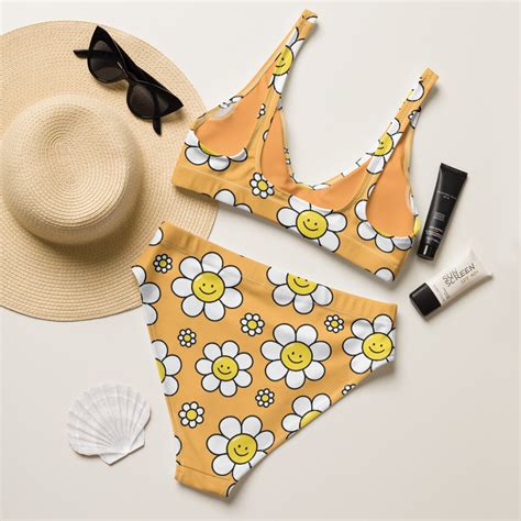 Smiling Flowers Bikini Set Groovy 70s Retro Hippie Crop Top Bikini Vintage High Waisted Swim