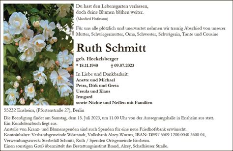 Traueranzeigen Von Ruth Schmitt Vrm Trauer De