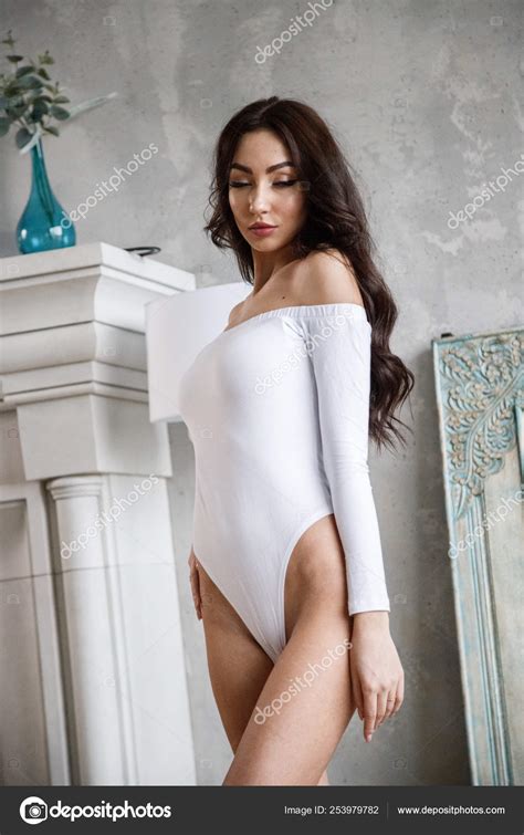 Studio Portrait Beautiful Brunette Woman Wearing White Clothes Charming Beauty Stock Photo