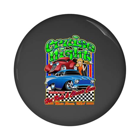 Cruise Night USA 50s Nostalgia Hot Rod Classic Cars Cartoon Pin Buttons Sold By Skijukebox SKU