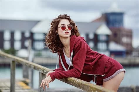 Women Model Brunette Sunglasses Women With Shades Earring Red Sweatshirt HD Wallpaper