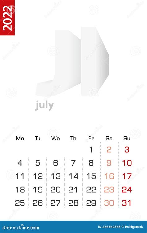 Minimalist Calendar Template For July 2022 Vector Calendar In English