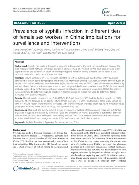 PDF Prevalence Of Syphilis Infection In Different Tiers Of Female Sex Workers In China