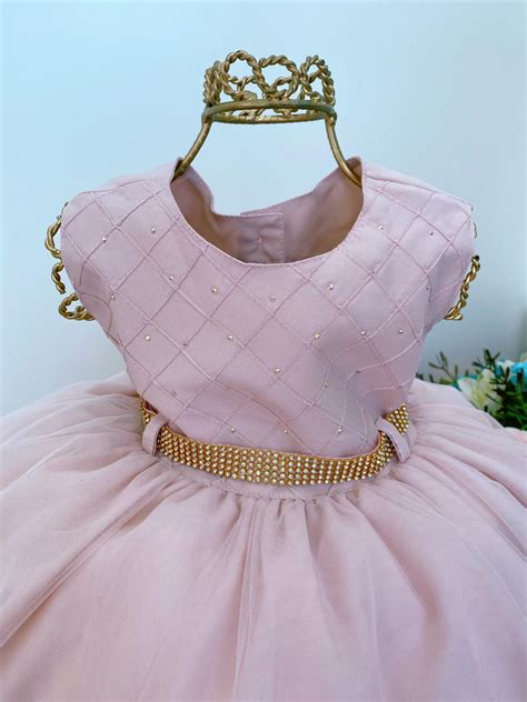 Vestido Infantil Nude Nervura Cinto Strass Bolero Rosa Charmosa Atacado