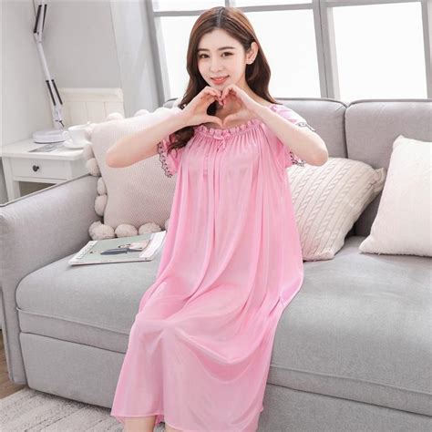 Cheap Womens Summer Lace Ice Silk Long Nightdress Short Sleeve Loose