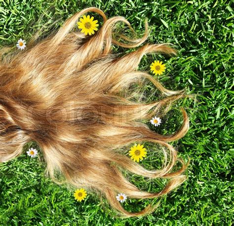 Closeup On Beautiful Blond Hair Over Grass And Flowers Stock Photo