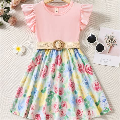 Vestido De Princesa Con Cinturón Gráfico De Flores Y Mangas De Mariposa Para Niñas Pequeñas Para