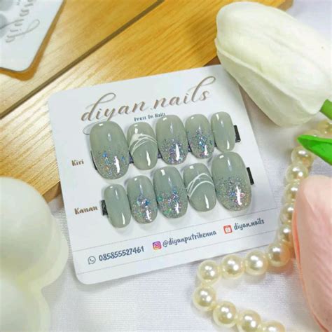 Jual Simple Sage Green Press On Nails Wedding Nailsart Custom Fakenails