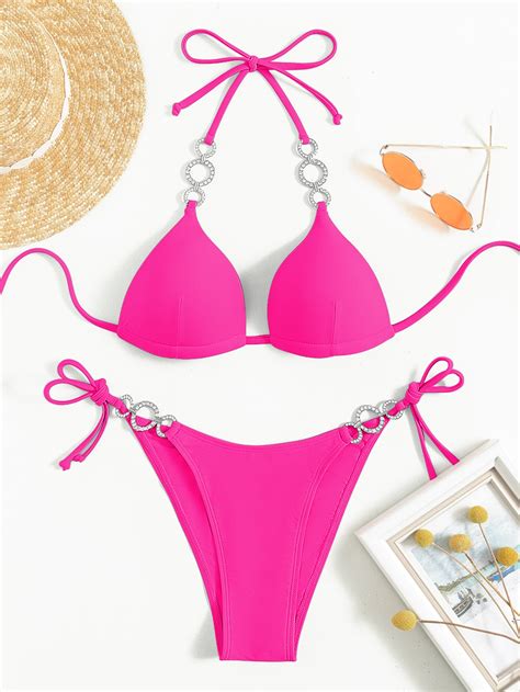 Shein Swim Sxy Rhinestone Ring Linked Bikini Set Halter Push Up Bra Thong Bottom Piece