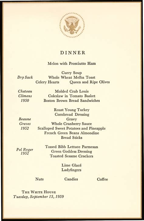 September 1959 State Dinner Menu - White House Historical Association