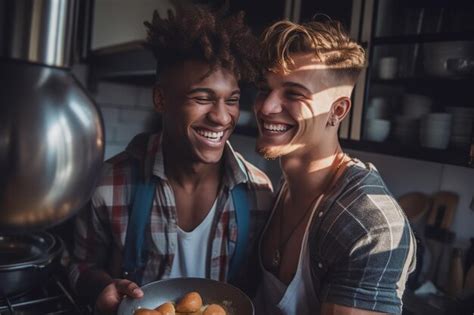 Feliz Y Sexy Pareja Gay Joven Cocinando Comida Juntos En Casa Foto Premium