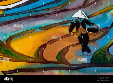 Men On Rice Terraces Fragment Hot Batik Handmade Abstract Surrealism Art On Silk Background
