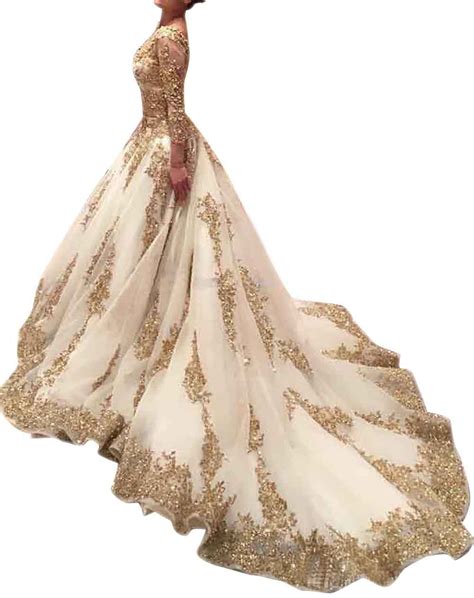 Womens Gold Lace Appliques Mermaid Wedding Dress For Bride V Neck Long