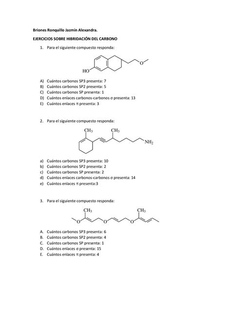 Hibridaci N Del Carbono Ejercicios De Qu Mica Org Nica Docsity