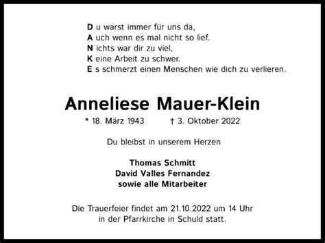 Traueranzeigen Von Anneliese Mauer Klein WirTrauern