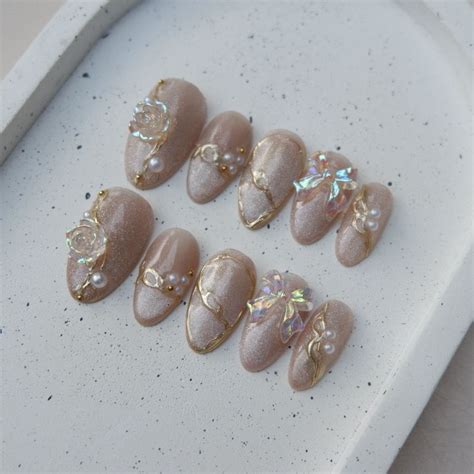 Jual Wedding Fake Nails Press On Nails Ivory Nude Cat Eye Shopee Indonesia