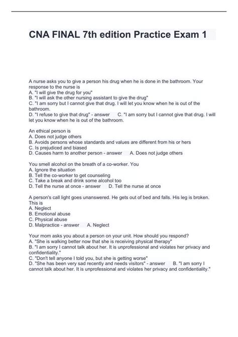 CNA FINAL 7th edition Practice Exam 1 Questions and Answers 100%