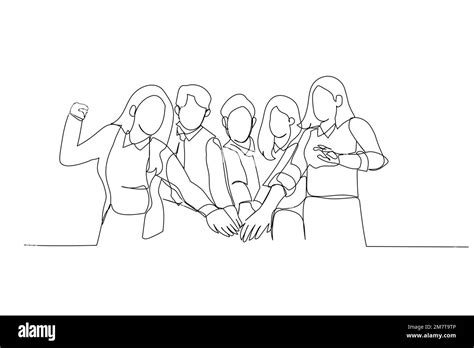 Cartoon Of Group Of Diverse People Hands Together Single Continuous