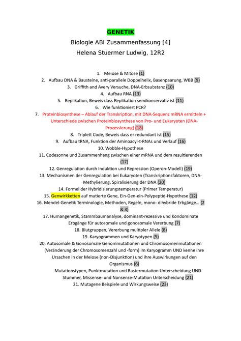 Biologie Genetik Zusammenfassung GENETIK Biologie ABI Zusammenfassung