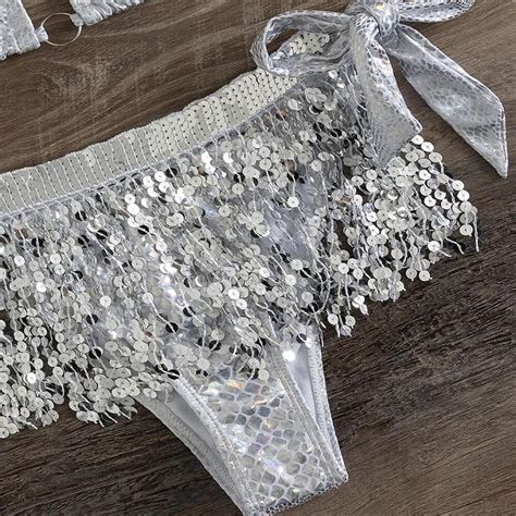 Sequin Bikini 3 Piece Set Co Ord Silver Sequin Depop