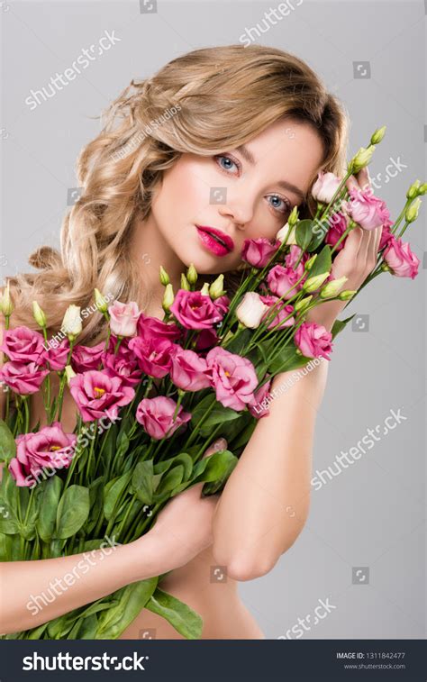 Naked Spring Woman Posing Eustoma Flowers Foto Stok 1311842477