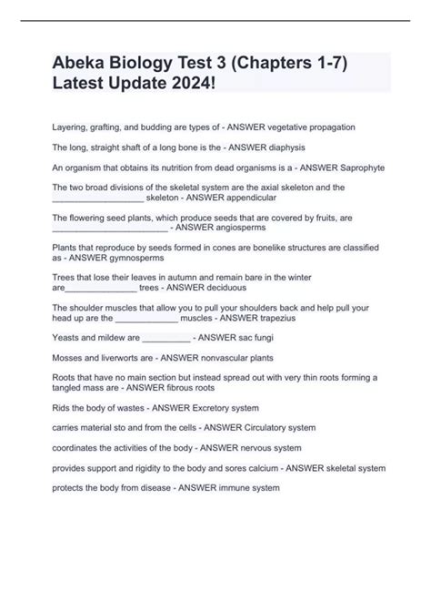 Abeka Biology Test 3 (Chapters 1-7) Latest Update 2024! - Abeka Biology