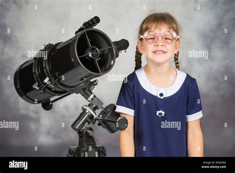 Girl Bespectacled Amateur Astronomer Funny Smiling Standing By