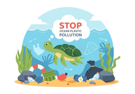 Stop Ocean Plastic Pollution Vector Illustration With Trash Under The