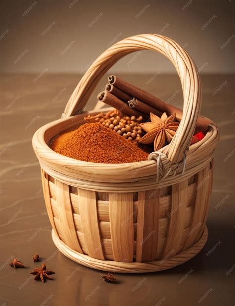 Premium Ai Image Wooden Basket Of Spices Packet On Marble Surface