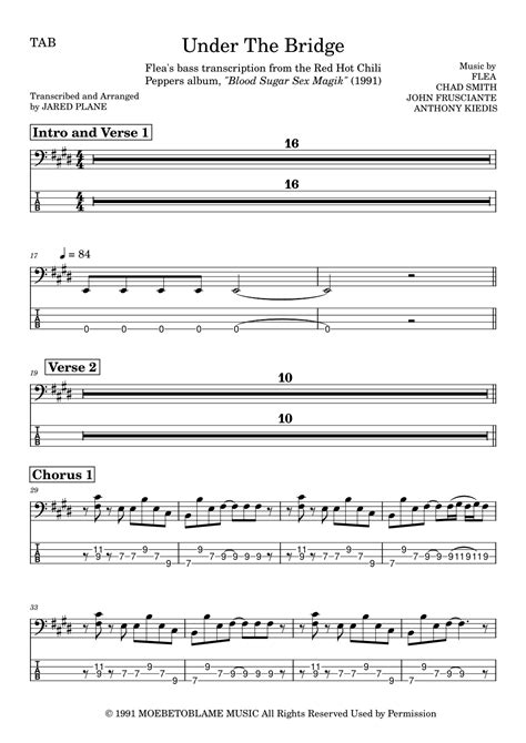 Under The Bridge Arr Jared Plane By Red Hot Chili Peppers Sheet Music For Bass Guitar Tab At