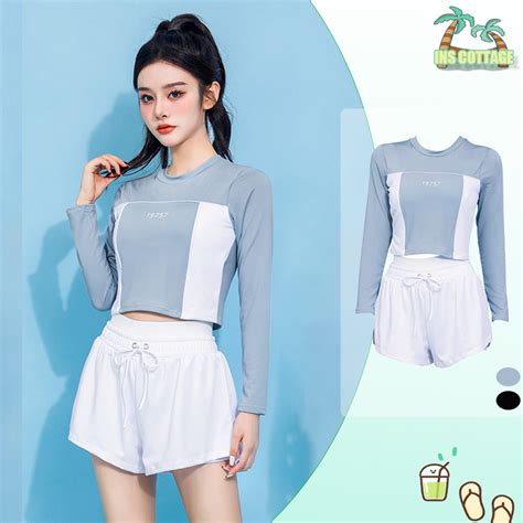 INSđồ bơi nữ Đồ Bơi nữ đi biển 2 mảnh áo bơi dài tay nữ bikini kín đáo mềm mại co giãn 4