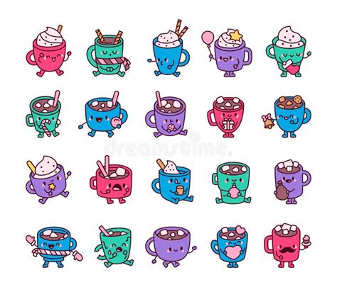 Cute Kawaii Hot Chocolate Cartoon Characters Stock Vector Illustration Of Sweet Holiday