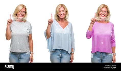 Collage Of Beautiful Middle Age Blonde Woman Over White Isolated Backgroud Showing And Pointing
