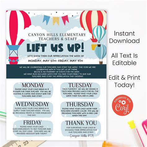 Editable Hot Air Balloon Themed Teacher Appreciation Instructions Template Teachers And Staff